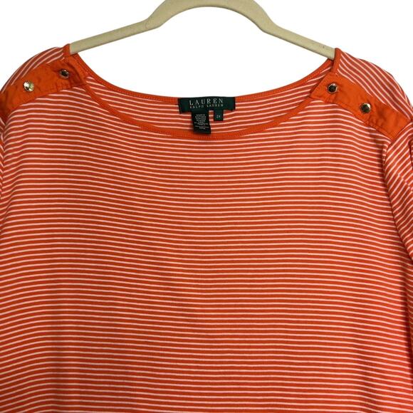 Lauren Ralph Lauren Womens 2X Orange White Stripe Cotton Tee Gold Button flaw - Picture 3 of 7